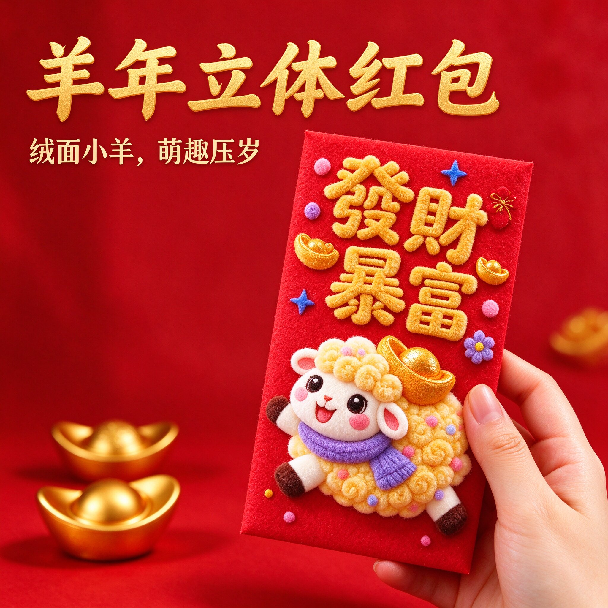 2027羊年卡通立体毛绒新年红包