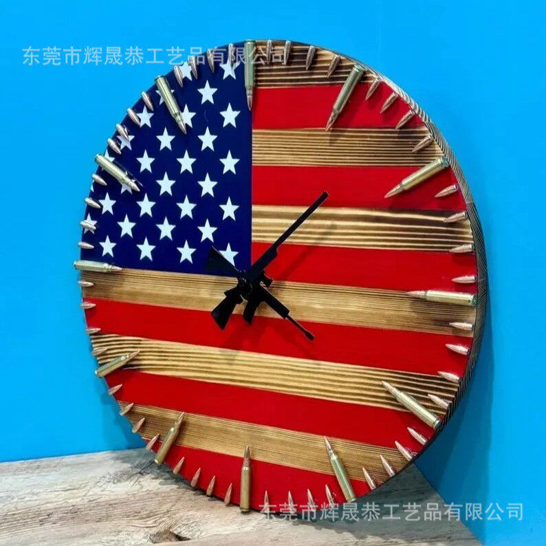 Handmade Patriotic American Flag Clock木质美国旗钟表