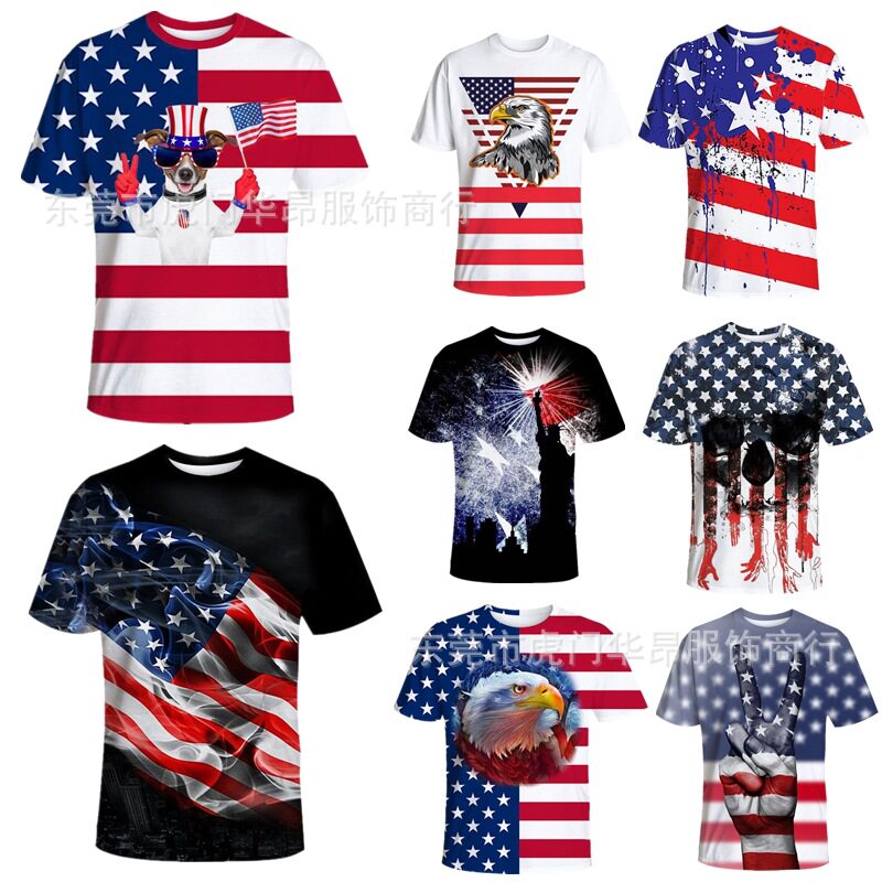 2023新品美国独立日国旗短袖t恤3d数码印花夏季休闲圆领t恤男