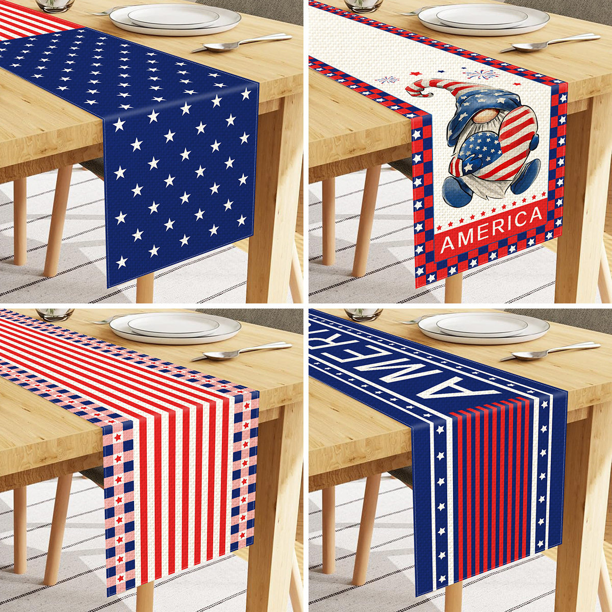 小矮人独立日亚麻桌旗美国国旗节日聚会餐桌装饰桌布台布垫茶旗