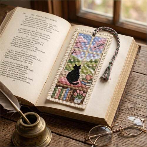 Seasonal Cat Cross Stitch Bookmark季节性猫咪十字绣书签