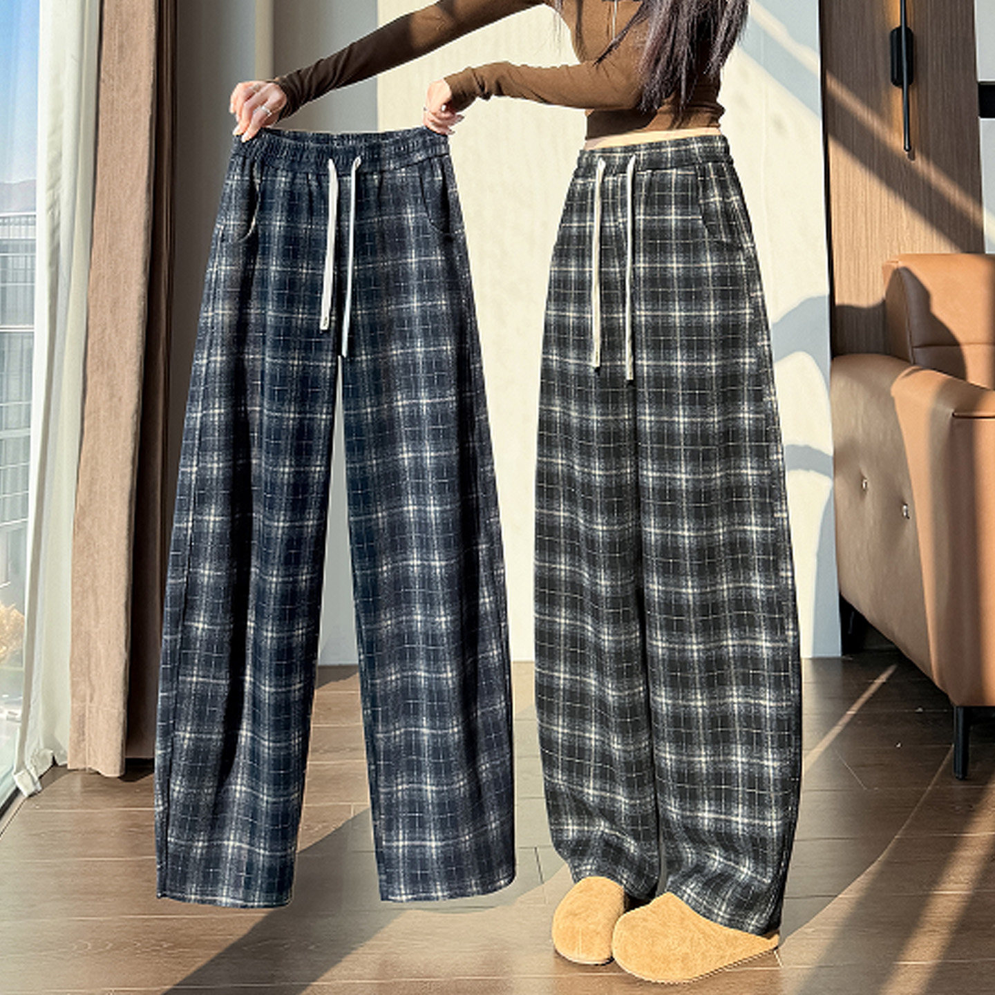 流行百搭春秋冬季格子裤女窄版阔腿裤子九分直筒休闲运动卫裤高腰