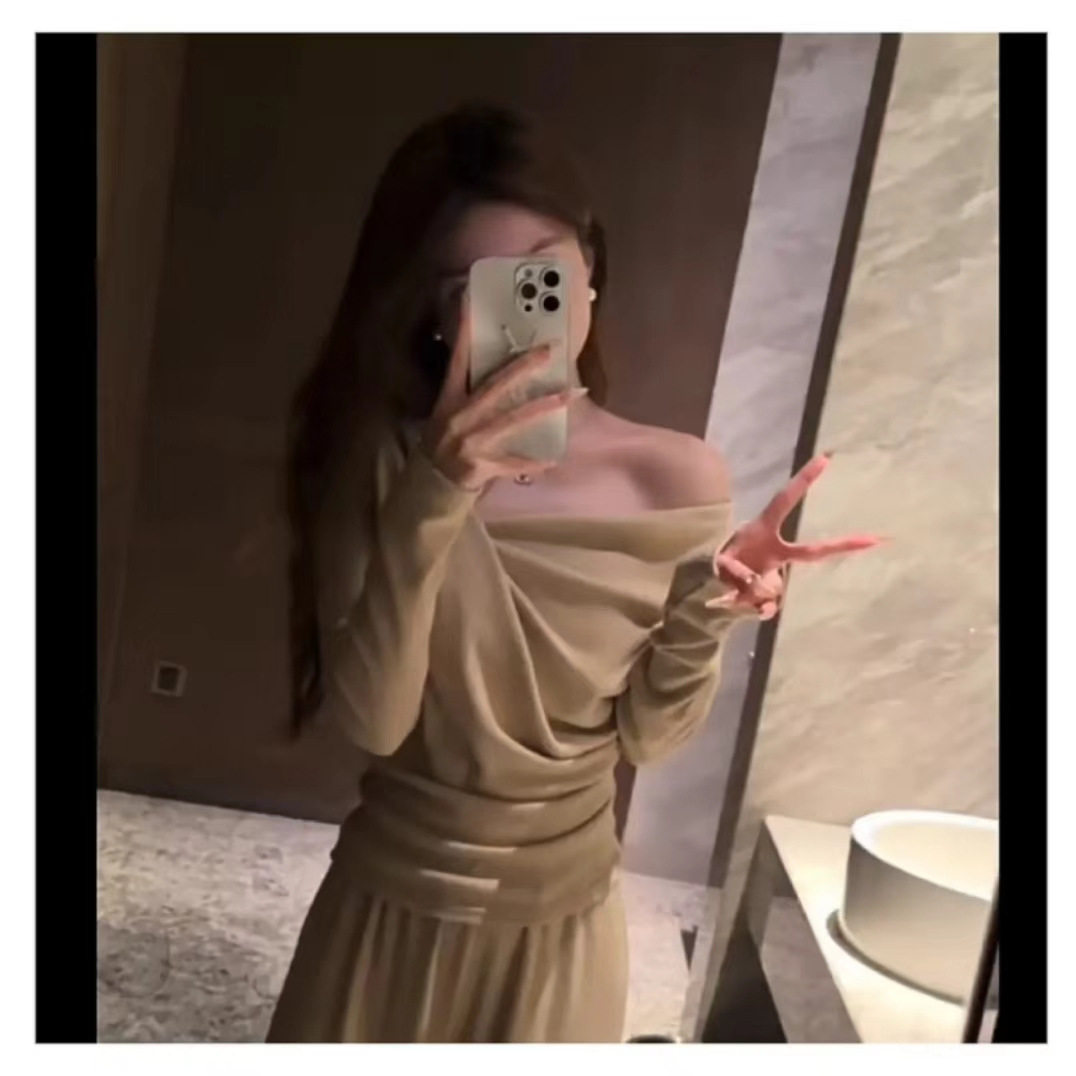 休闲套装气质修身交叉v领长袖T恤女秋季阔腿拖地裤长裤杏色两件套