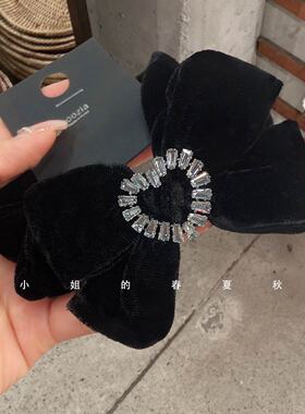 韩国黑色丝绒蝴蝶结发圈轻奢头圈圆环百搭水钻扎头绳氛围感大肠圈