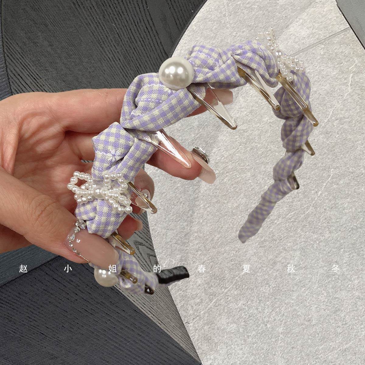 紫色珍珠蝴蝶结发箍头箍齿梳ins风高颅顶插梳气质可爱甜美布艺