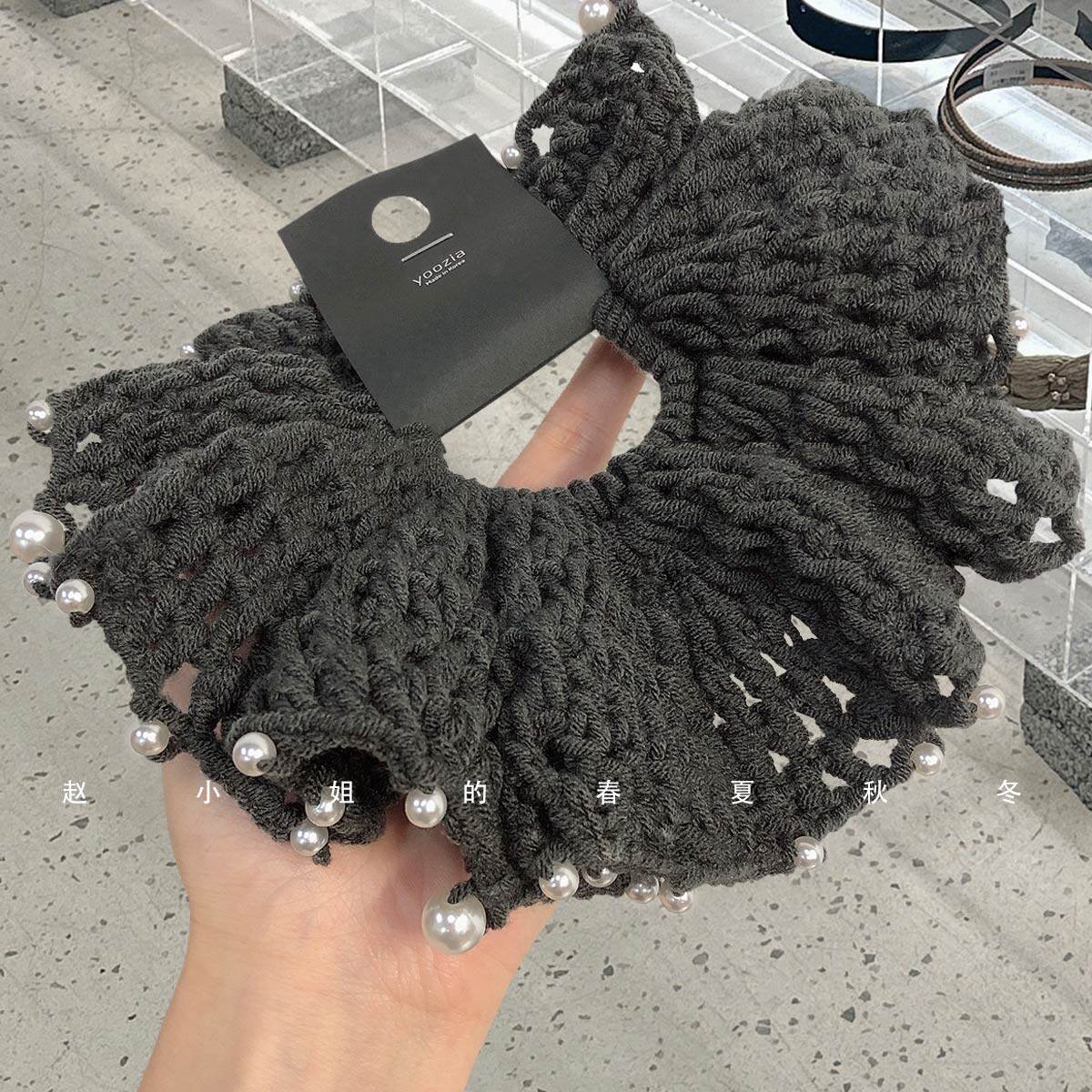 韩系手工毛线大肠发圈珍珠荷叶边褶皱发绳氛围感扎头发头绳