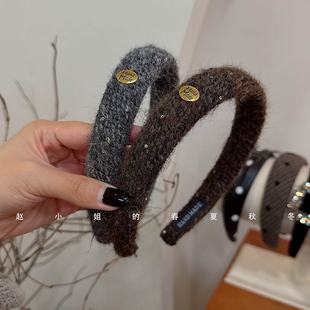 韩系发饰小众设计头饰百搭饰品针织高级感头箍细边咖色毛线发箍