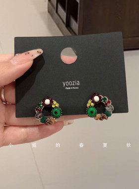 小众设计耳饰韩国饰品轻奢高级感复古春夏气质优雅绿色镶钻耳钉