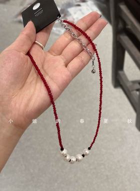 韩国饰品小众高级感项链复古气质百搭红色水晶串珠不规则珍珠颈链