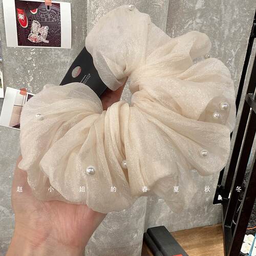 米色珍珠网纱大肠发圈气质韩国饰品甜美小众设计发饰头饰发绳头绳