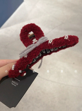 韩国发饰ins风头饰秋冬饰品羊羔毛发抓夹红色镶钻蝴蝶结鲨鱼夹