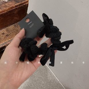 韩国发饰秋冬针织毛线发绳头绳韩系甜美少女黑色丝绒蝴蝶结发圈