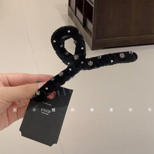 小众设计头饰韩国发饰ins风饰品秋冬发抓夹黑色丝绒镶钻鲨鱼夹