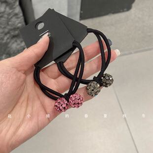 小众发饰ins风头绳简约春夏头圈细边头绳可爱甜美镶钻粉色球发绳