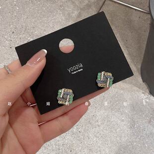 韩系耳饰精致饰品耳钉高级感镶钻百搭气质民族风小巧复古绿色耳环