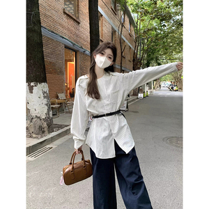 一整套韩系初秋穿搭套装女慵懒复古收腰长袖条纹衬衫阔腿裤两件套