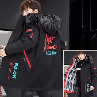 冬季中长款加绒加厚棉衣外套男青少年学生潮流百搭宽松棉袄派克服