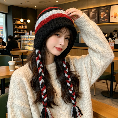 秋冬针织条纹护耳流苏辫子帽女