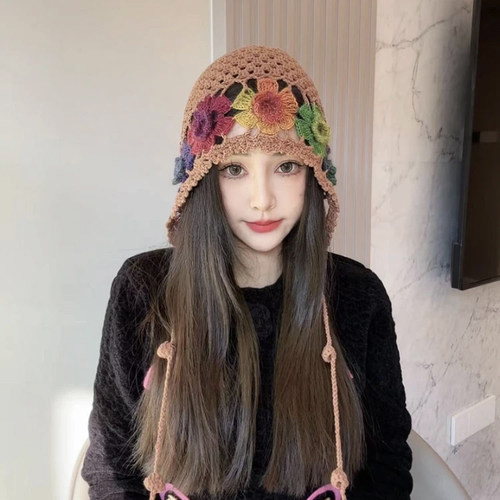 夏季流苏手工钩花朵优雅包头帽女