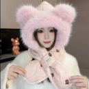 可爱小熊耳朵毛绒护耳帽围脖一体防寒帽子女冬季 加绒加厚保暖冷帽