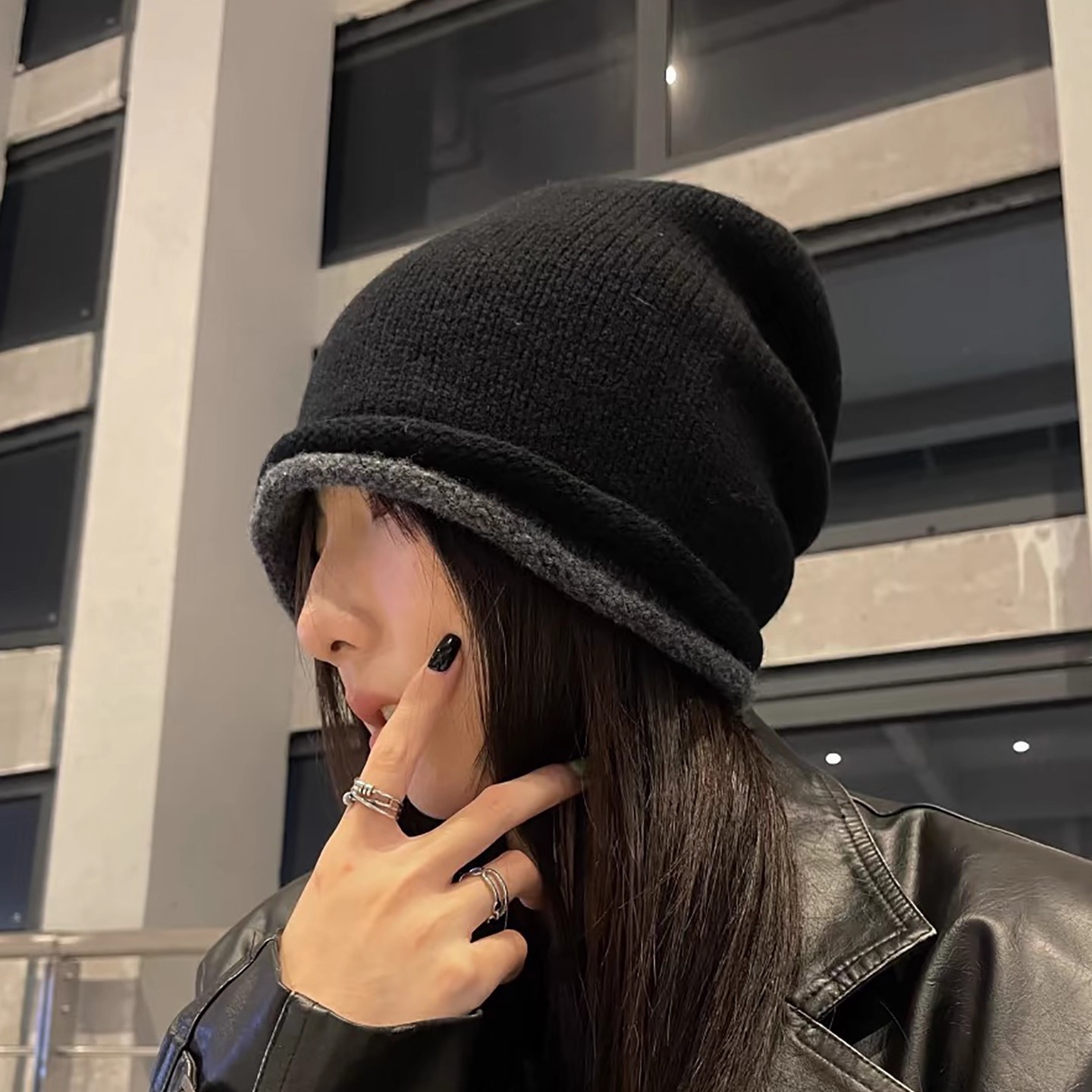 2025秋冬新款拼色针织堆堆帽