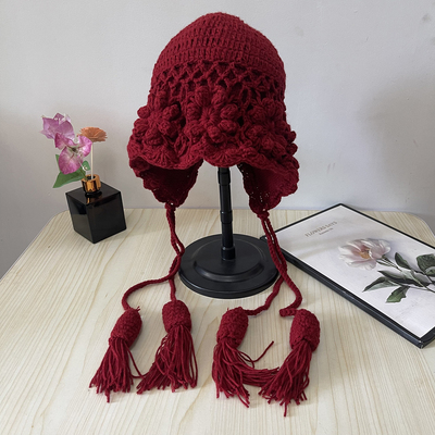 民族风立体花朵针织帽秋冬款