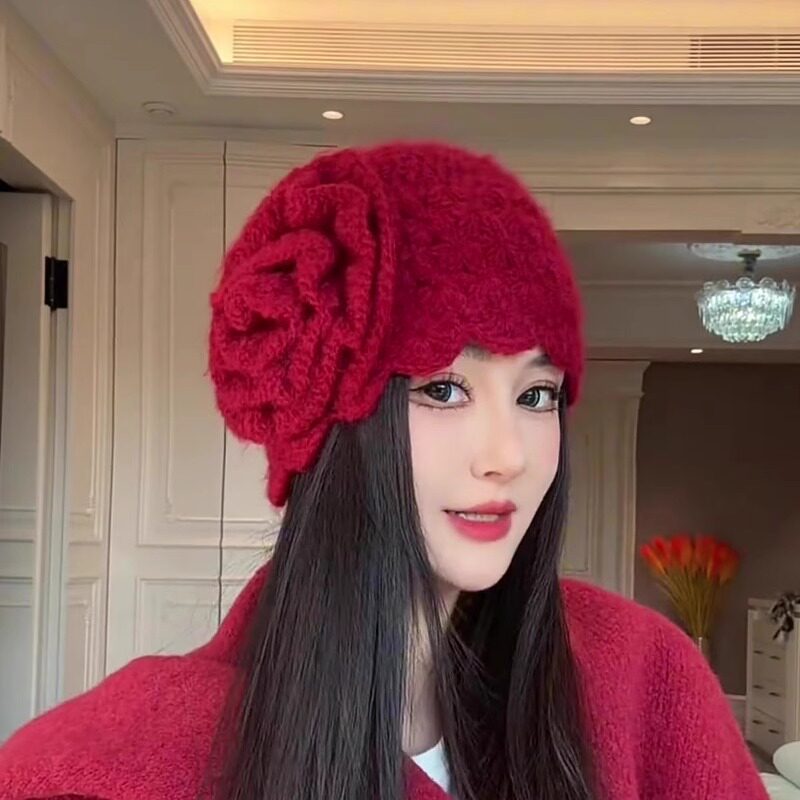 秋冬加厚大花朵包头帽子女日系镂空立体手工钩花针织帽保暖毛线帽