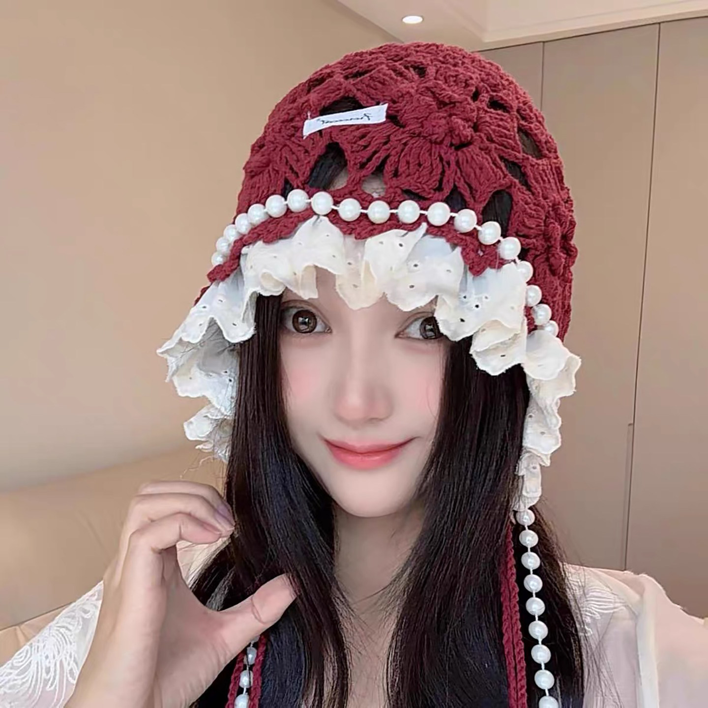 百搭甜美蕾丝花边珍珠镂空包头帽