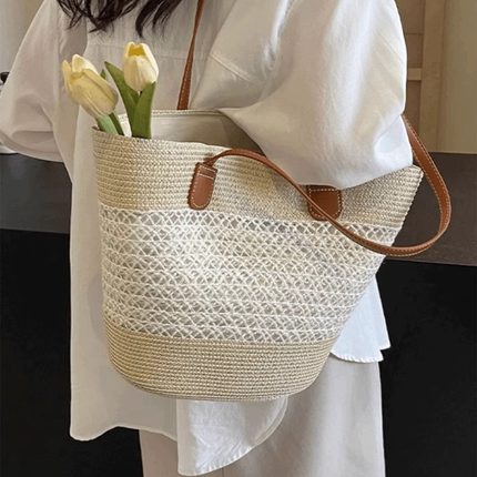 镂空特色草编包女大容量编织菜篮子夏日沙滩包法式单肩通勤托特包