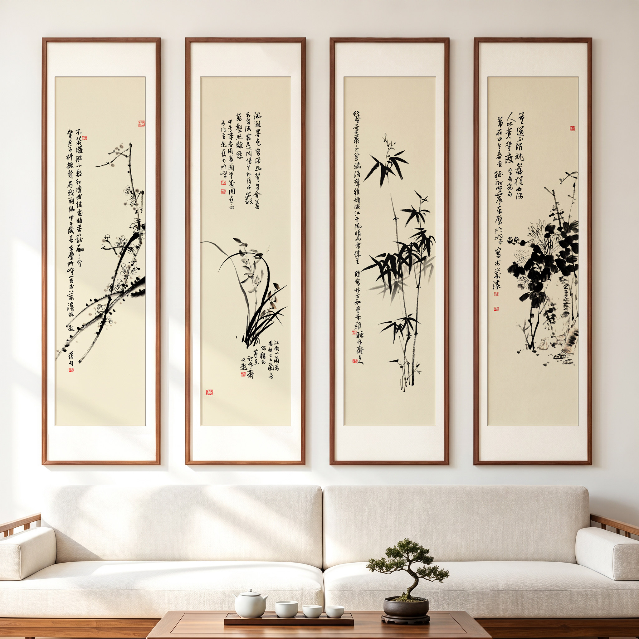 梅兰竹菊国画花鸟壁画四条屏新中式客厅沙发背景墙装饰茶室挂画