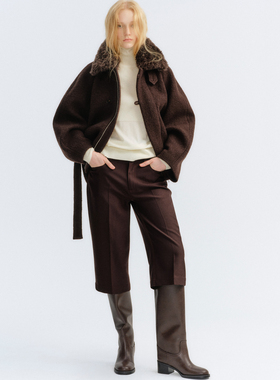 TOATEE 全羊毛立体茧型毛绒领廓形圈呢短大衣外套 紫咖色