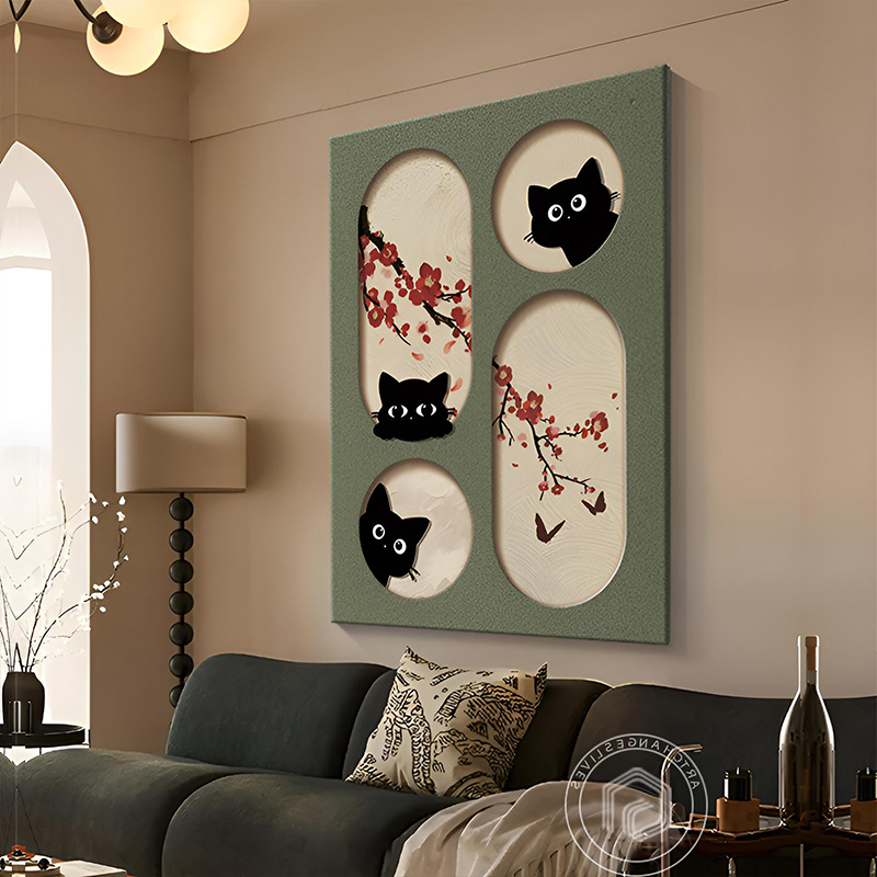 中古风客厅装饰画绿色猫咪法式复古沙发背景墙挂画玄关艺术落地画