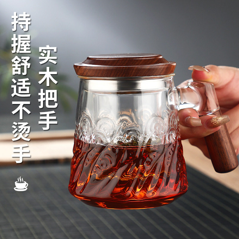 玻璃三件杯云海纹泡茶杯加厚玻璃茶海分离过滤器公道三件茶水杯