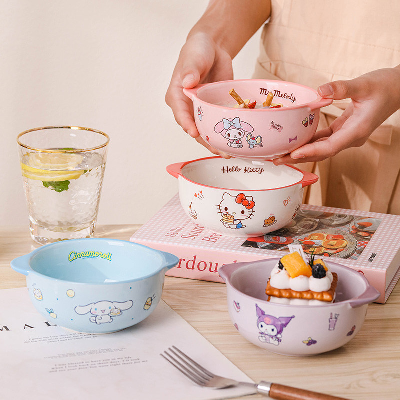HelloKitty儿童碗双耳陶瓷吃米饭专用宝宝早餐蒸蛋羹汤面小碗家用