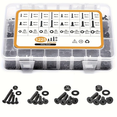 1225PCS 10.9级沉头平六角头内六角螺丝螺钉黑色螺栓螺母平垫