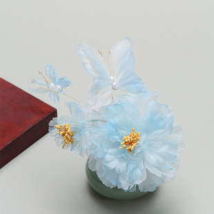 汉服头饰头花古风后压烫花边夹蓝色绢花发夹旗袍古典舞演出发饰