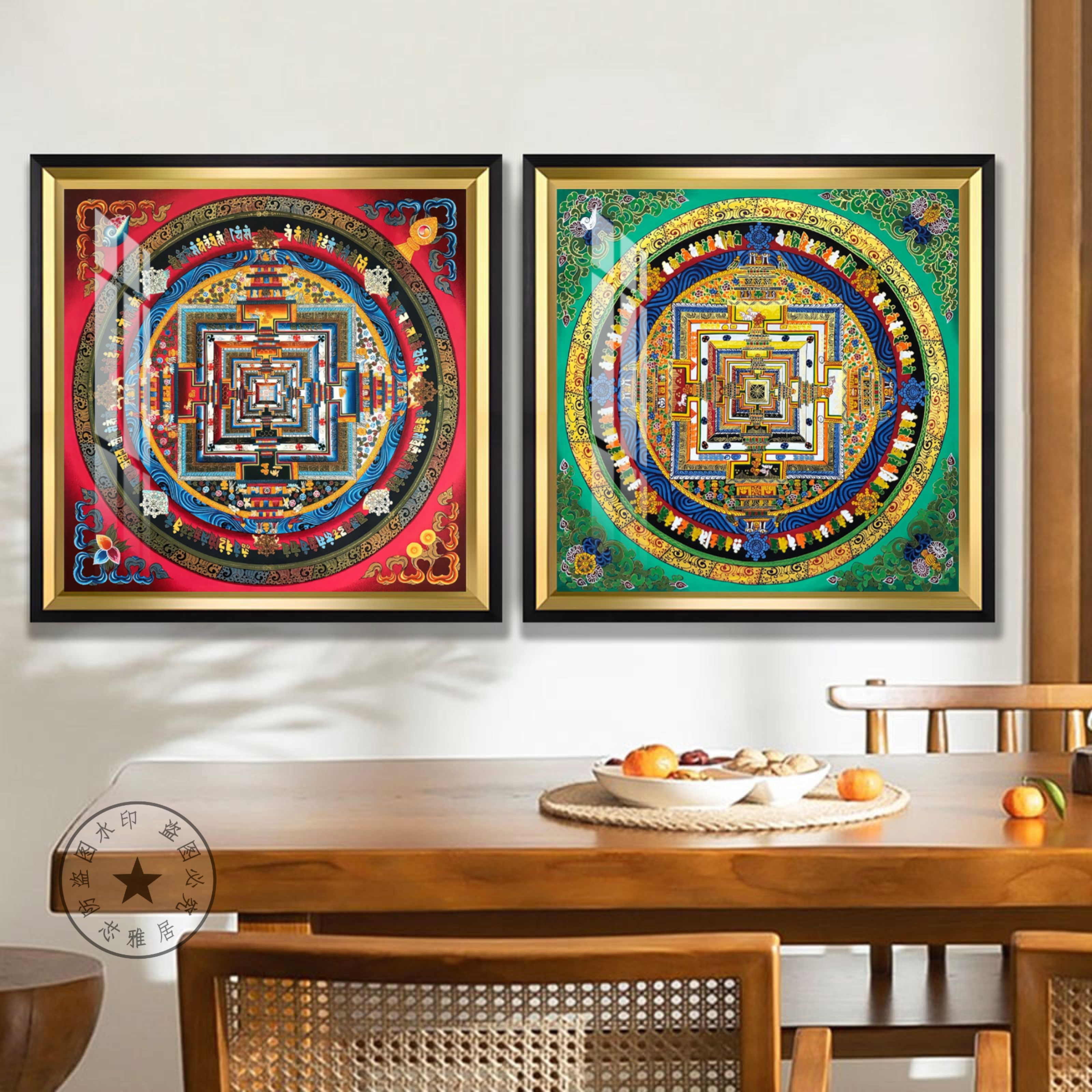 藏式唐卡装饰画正方形仿手绘吉祥八宝坛城黑金六字客厅玄关挂画