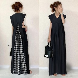 2024春夏日系长款飞飞袖V领后背系带格子小v领荷叶袖连衣裙DRESS