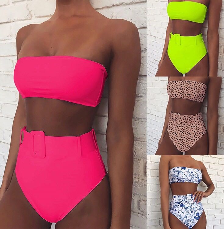 2019纯色抹胸比基尼腰带裹胸比基尼欧美泳装高腰印花泳衣bikini