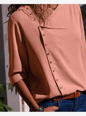 2018ebay新款 亚马逊爆款 6色纽扣不规则斜领长袖女上衣打底衬衫