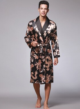 Men's bathrobe silk pajamas men's long dragon robe homewear