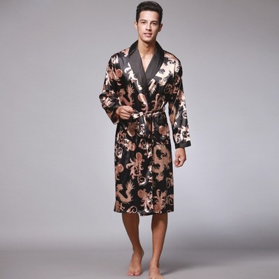 Men's bathrobe silk pajamas men's long dragon robe homewear