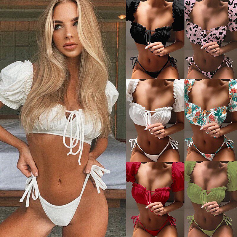 欧美新款比基尼套装泳装连袖泳衣系带白色甜美分体泳装纯色Bikini