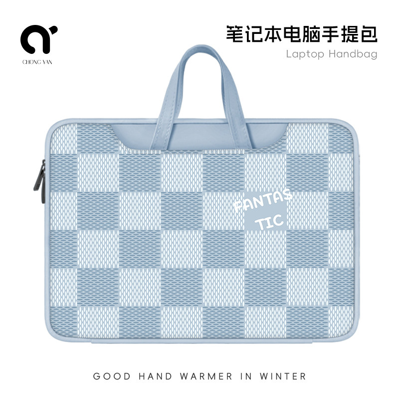 崇言蓝色格子笔记本电脑包新款手提适用苹果macbook小新air华为matebook14寸保护套女联想pro16内胆包