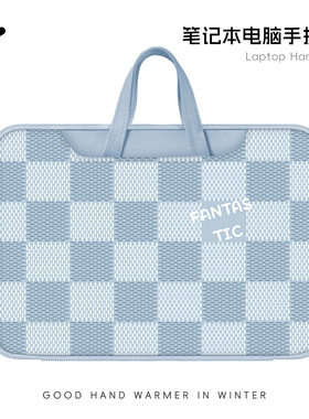 崇言蓝色格子笔记本电脑包新款手提适用苹果macbook小新air华为matebook14寸保护套女联想pro16内胆包