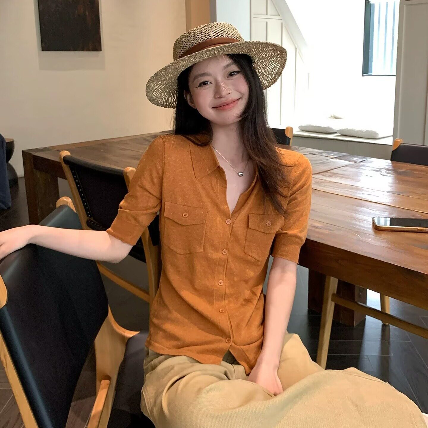橘色衬衫针织短袖女夏季老钱风修身中袖高级感衬衣小上衣潮