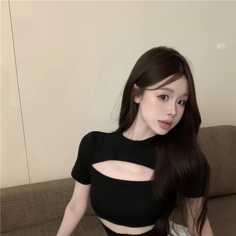 实拍~镂空短袖t恤女夏季设计感小众美式辣妹短款修身显瘦上衣