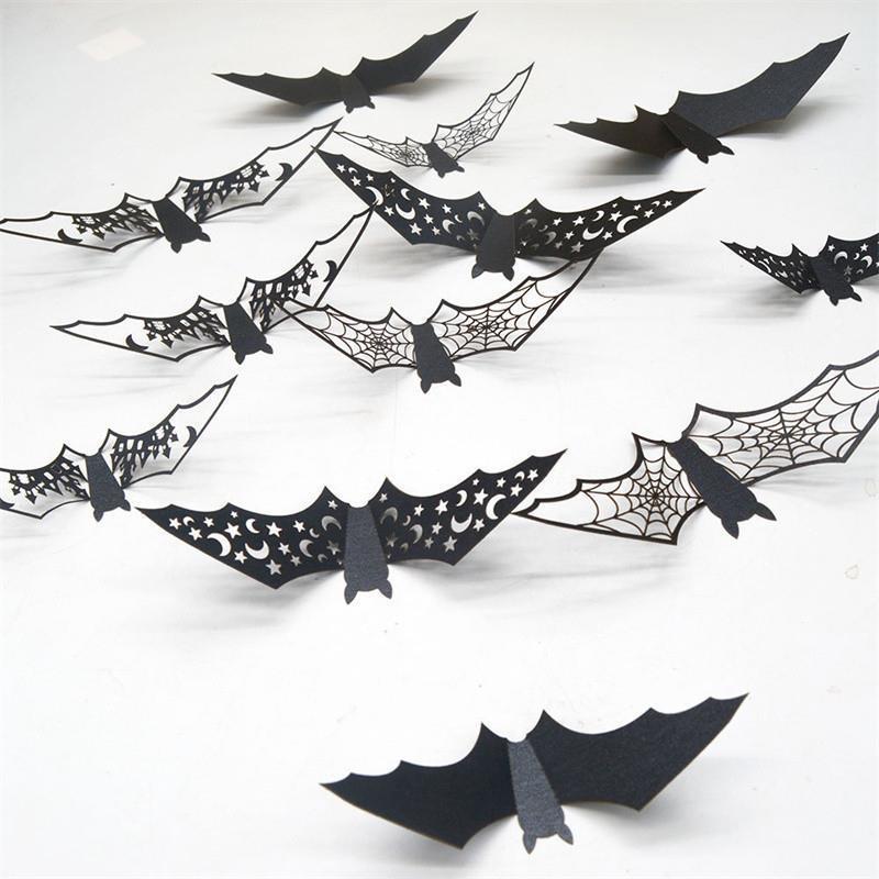 New 48Pcs Halloween 3D Hollow Bat Wall Stickers Black Bat St-封面