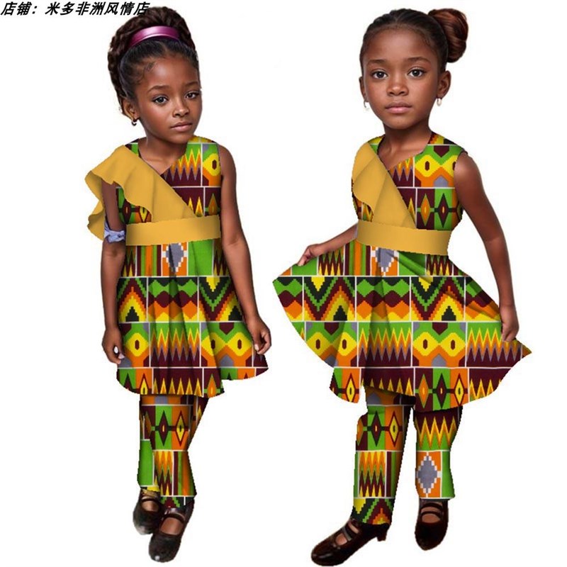 定制 非洲蜡布民族印花女童上衣+裤子套装African clothes