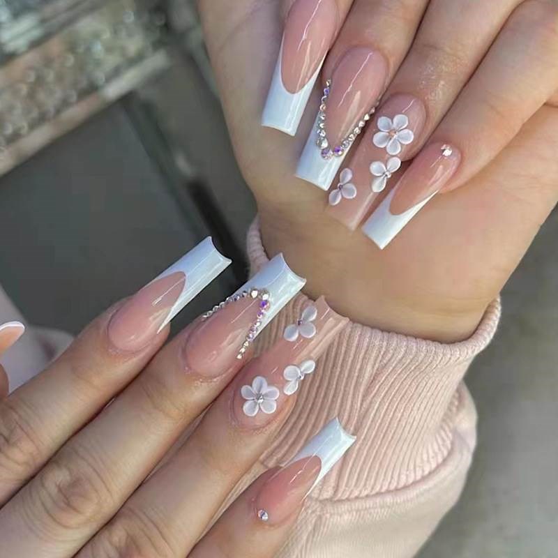24pcs False Nails with glue flower design Long Coffin French